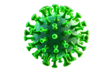 Green virus particle with spike proteins isolated on white background, representing disease, infection, and microbiology. Ai generative