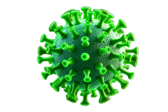 Green virus particle with spike proteins isolated on white background, representing disease, infection, and microbiology. Ai generative - Powered by Adobe