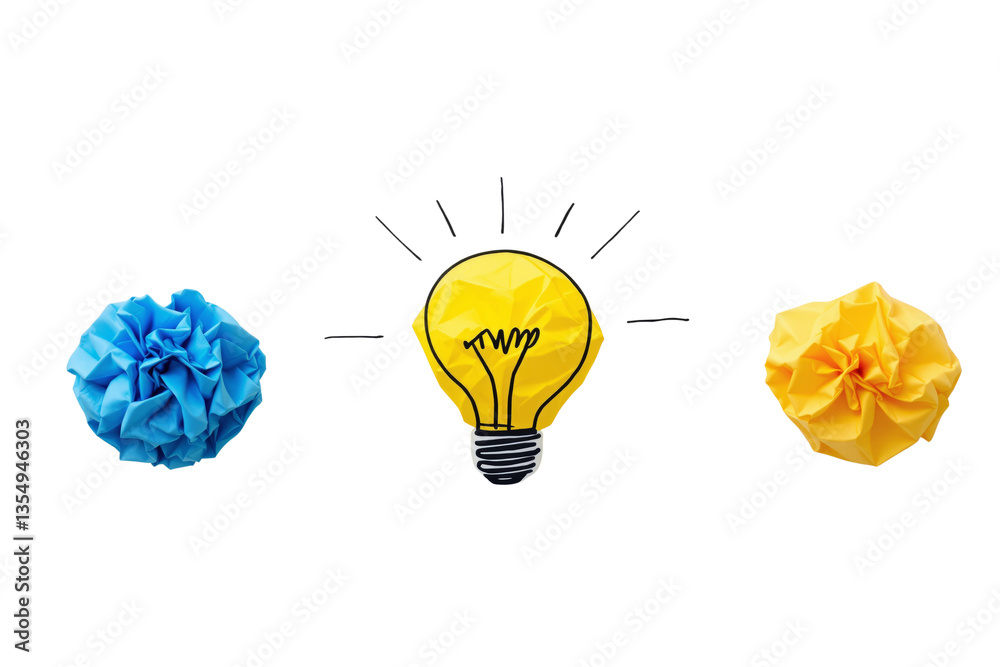Poster crumpled blue and yellow paper forming a creative lightbulb design on a white background. concept of