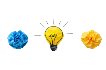 Crumpled blue and yellow paper forming a creative lightbulb design on a white background. Concept of creativity, brainstorming, and innovation. Ai generative