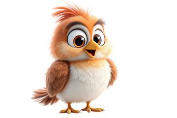Adorable fluffy cartoon bird with big eyes and orange feathers on a white background. Cute character design concept. Ai generative