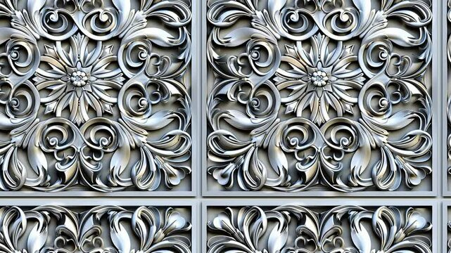 Seamless looping video pattern of ornate metallic filigree in silver with square framing.