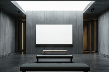 Modern Gray Wooden Gallery Interior with Benches in Front of Empty White Mock Up Screen 3D Rendering