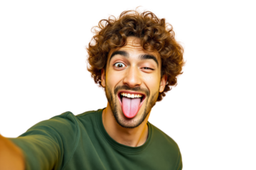 Playful young man taking a selfie, sticking out his tongue and winking, wearing a green shirt. Isolated on a white background. Ai generative