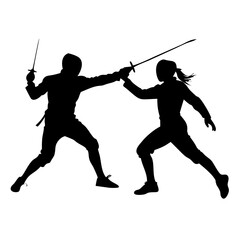 two silhouetted figures engaged in a fencing match, showcasing agility and precision