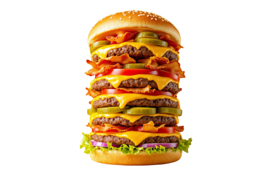 Gigantic multi-layer cheeseburger with bacon, cheese, pickles, and vegetables, isolated on a white background. Concept of extreme fast food. Ai generative