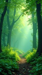 Naklejka premium Soft green mist rises from a tranquil forest floor, calm atmosphere, foliage, abstract background