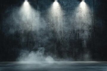 Dark grunge room with spotlights and fog.