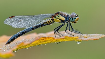 A small colorful dragonfly sits resting on a leaf surface
