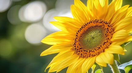 Fototapeta premium A bright yellow sunflower in full bloom against blurred background