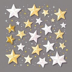Sparkle stars in flat vector design, golden and white hues, smooth sharp edges, scattered arrangement, isolated on a blank background, cheerful and versatile illustration.