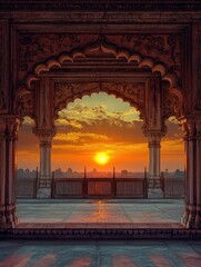 Sunset View Through Ornate Window Frames Indian Palace