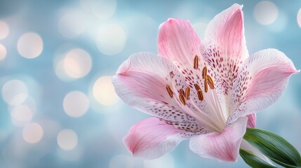 Fototapeta premium A Delicate Pink Flower With Brown Details Against Blue Bokeh