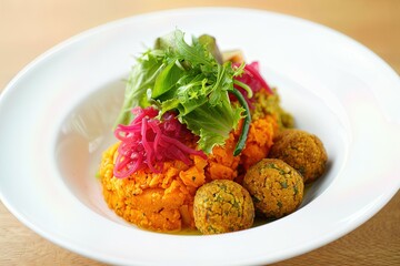 Healthy vegan plate with sweet potatoes, falafel, fresh greens, pickled onions and gherkins, nutritious plant-based meal
