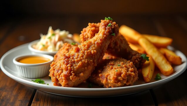 Crispy fried chicken joy feast with golden fries and dipping sauce on a wood table with shallow depth of field.