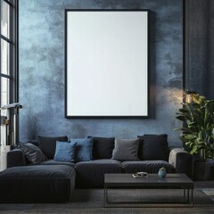 Dark living room interior with large blank poster mockup.