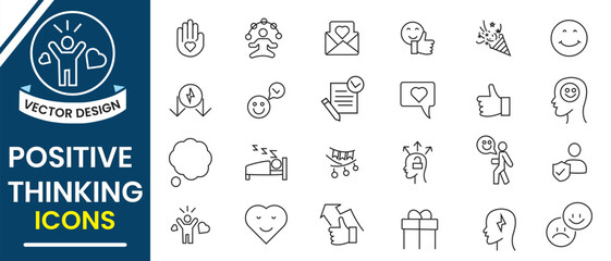 Positive thinking icon, vector set. Positive thinking line icons, symbol collection, happiness, positive mindset, self-care, healthy lifestyle and more icon collection. Vector illustration.