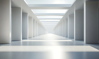 Obraz premium A long, bright corridor with white columns creates an abstract background. The minimalist architecture features clean lines and a strong sense of perspective, leading towards a light source, -