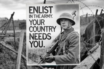 Historic black and white recruitment poster featuring a soldier with a rifle promoting military service