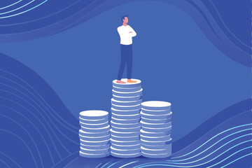 A precarious balancing act a person, skillfully balancing on a teetering stack of gold coins, symbolizing financial risk and precariousness.