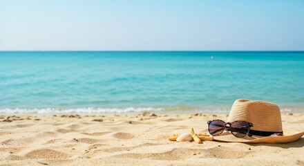 Beach hat and sunglasses resting on sandy shore, copy space   