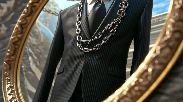A suit unraveling into chains symbolizing corporate corruption