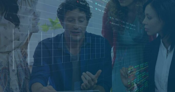 Analyzing data with digital graphs, business professionals collaborating in office - Powered by Adobe