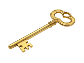Golden key isolated on transparent background.