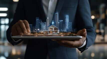 A businessman in a suit presenting a tablet displaying a futuristic digital model of a house surrounded by an illuminated city skyline. The scene conveys innovation, technology, and real estate.. AI