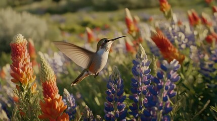 Fototapeta premium A hummingbird flies among colorful wildflowers in a field