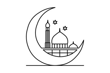 Continuous single line sketch drawing of Islamic Arabic crescent moon, star, Ramadan, Kareem, Eid Mubarak, vector illustration
