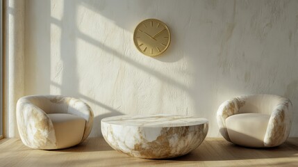Elegant living room with marble furniture and golden clock