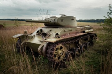 Fototapeta premium Rusting World War I tank abandoned in a field, surrounded by overgrown grass and wild vegetation