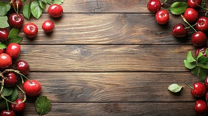 Ripe cherries wooden table background food blog