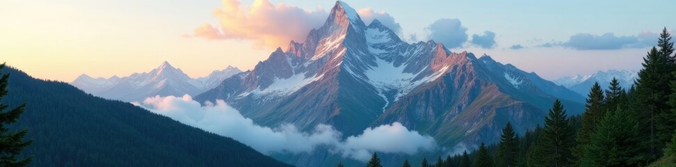 Granite mountain peak towers above forest canopy, wilderness, lenticular cloud, granite