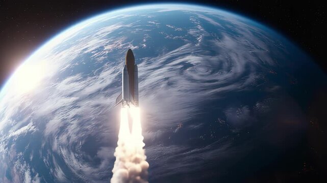 A rocket launches into space, leaving a trail of smoke against the backdrop of Earth, showcasing the beauty of our planet from above
