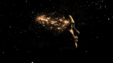 Silhouette of a woman's head in profile, with a glowing brain made from golden stars on a black background,