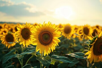 Obraz premium A radiant field of sunflowers stretches towards the sun, their golden petals glowing under the bright sky. Nature's beauty on full display.