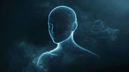 A digital human figure made of glowing blue light, against a dark background,