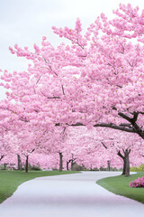 Pink cherry blossoms line a curved path