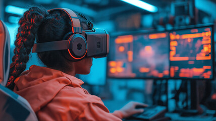 Person wearing VR headset surrounded by blue-lit multiple monitor setup, immersive virtual reality gaming technology concept
