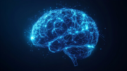 3D render of a glowing blue brain made from lines and dots on a dark background, a concept of artificial intelligence.