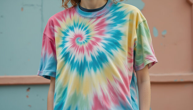 The mockup showcases a unique tie dye print on an oversized T shirt silhouette, adding a fun and playful twist to a classic wardrobe staple.