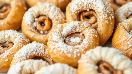 Flaky pastry swirls with cinnamon filling and powdered sugar topping, baked delights, sweet treats, flaky pastry