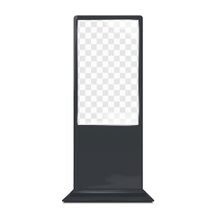 LCD monitor TV stand. Front view. 3d mockup. Video digital display billboard banner or interactive touch screen self-service kiosk on black metal base. Realistic vector mock-up. Easy editable template
