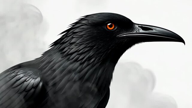 A black crow is sitting surrounded by a cloud of smoke. The smoke is thick and dark, giving the image a mysterious and ominous feel.