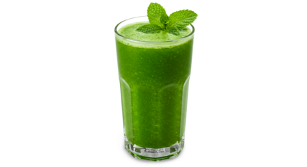 glass of green juice of mix vegetable with mint leaves, cutout in transparent background, png format