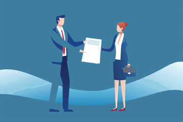 Fototapeta premium A businessman formally hands a loan contract to a seated banker in a modern office setting. The scene emphasizes the financial transaction.
