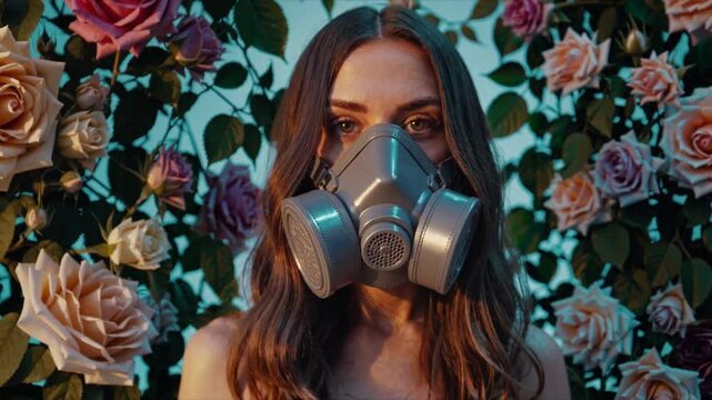 Woman Wearing a Gas Mask in a Natural Setting with Trees and Grass