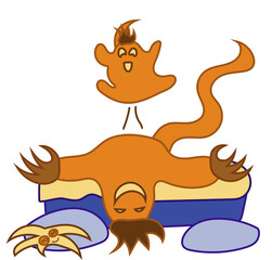 A cute cartoon kid monster jumping happily on his dad, while dad is laying smiling on the bed. Concept of family and joy. 